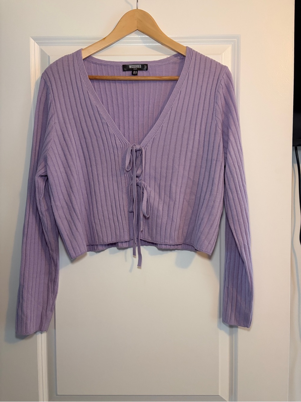 Missguided | Lavender Ribbed Tie-Front Crop Cardigan